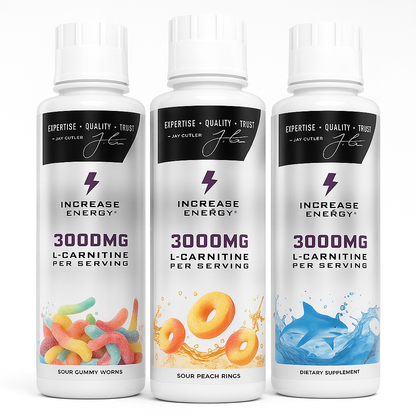 Cutler Nutrition Liquid L-Carnitine 3000 – 3-Flavor Bundle (Sour Gummy Worm, Peach Rings & Blue Sharks)