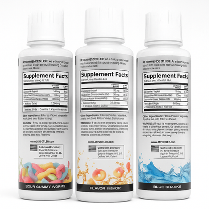 Cutler Nutrition Liquid L-Carnitine 3000 – 3-Flavor Bundle (Sour Gummy Worm, Peach Rings & Blue Sharks)