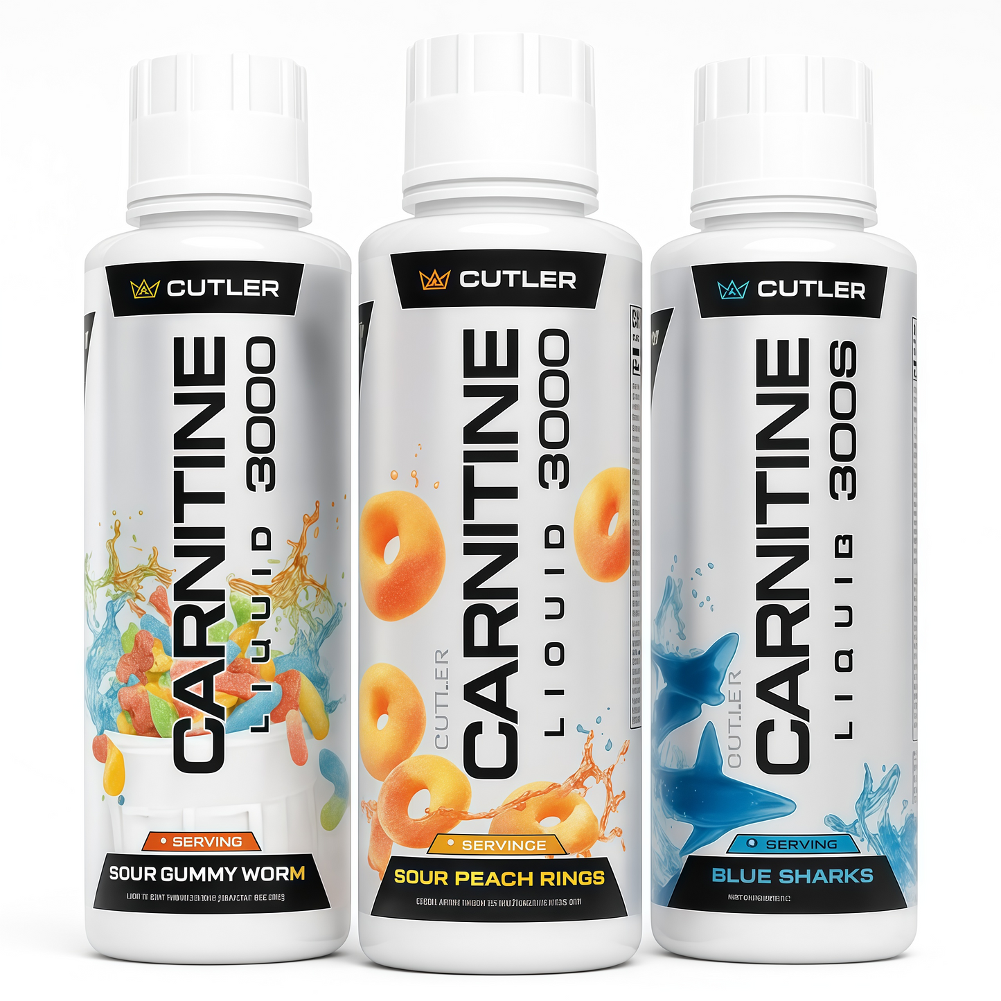 Cutler Nutrition Liquid L-Carnitine 3000 – 3-Flavor Bundle (Sour Gummy Worm, Peach Rings & Blue Sharks)